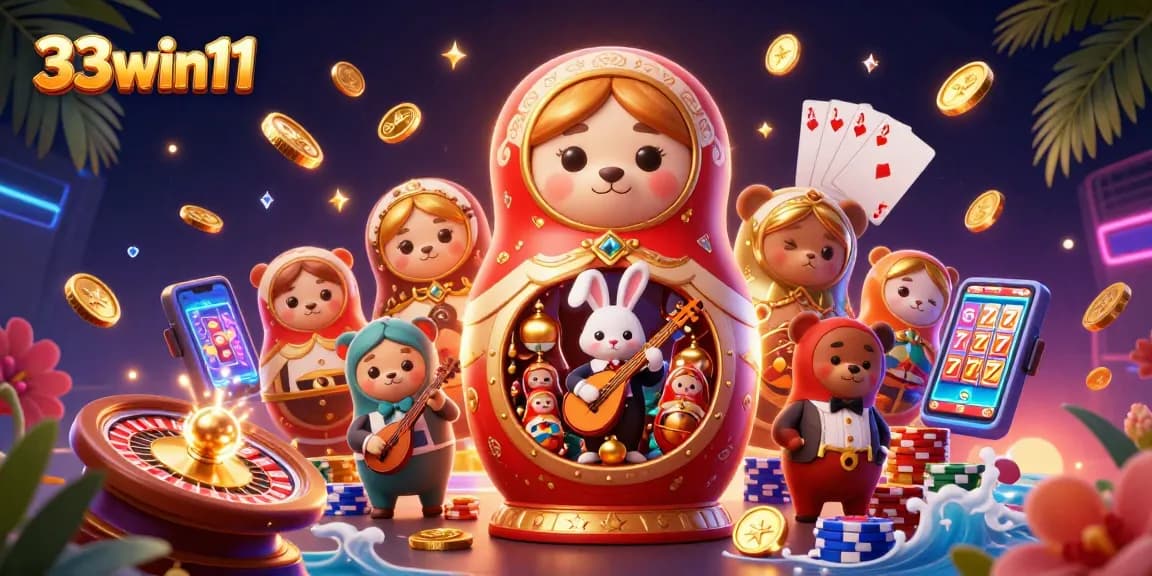 33win11 brings luck with vibrant casino-themed illustration featuring fun gambling characters and dynamic casino elements.