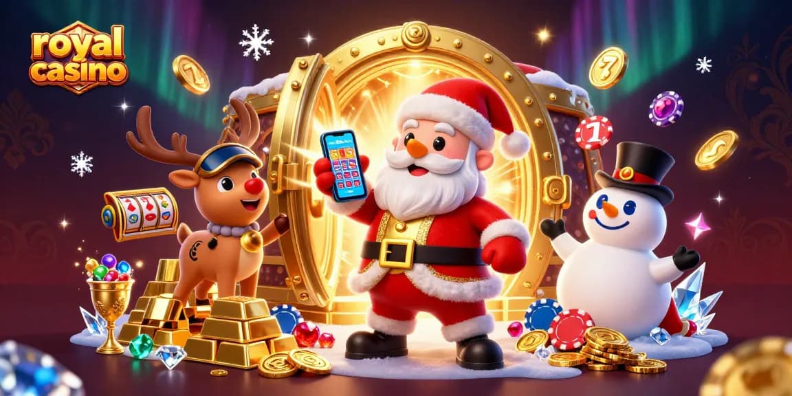 Spin the reels at royal casino with Santa and friends celebrating big wins!
