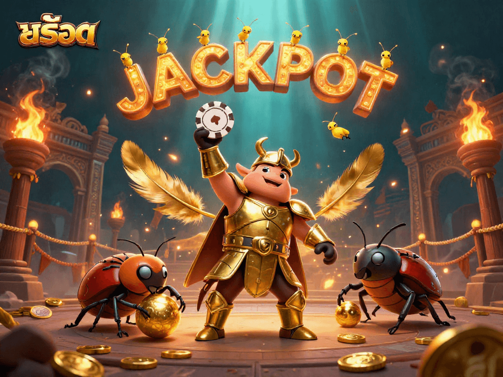 Win big with สล็อต as a superhero beetle celebrates a jackpot victory in a lively casino