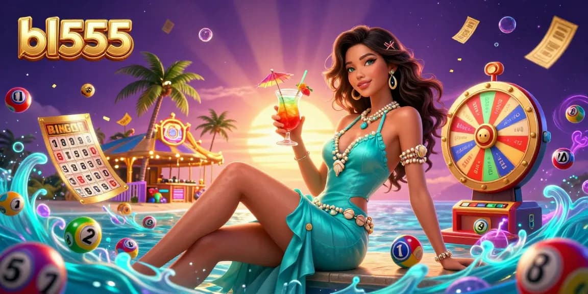 Win big with bl555 in this vibrant casino scene showcasing lottery games, beach settings, and festive elements.