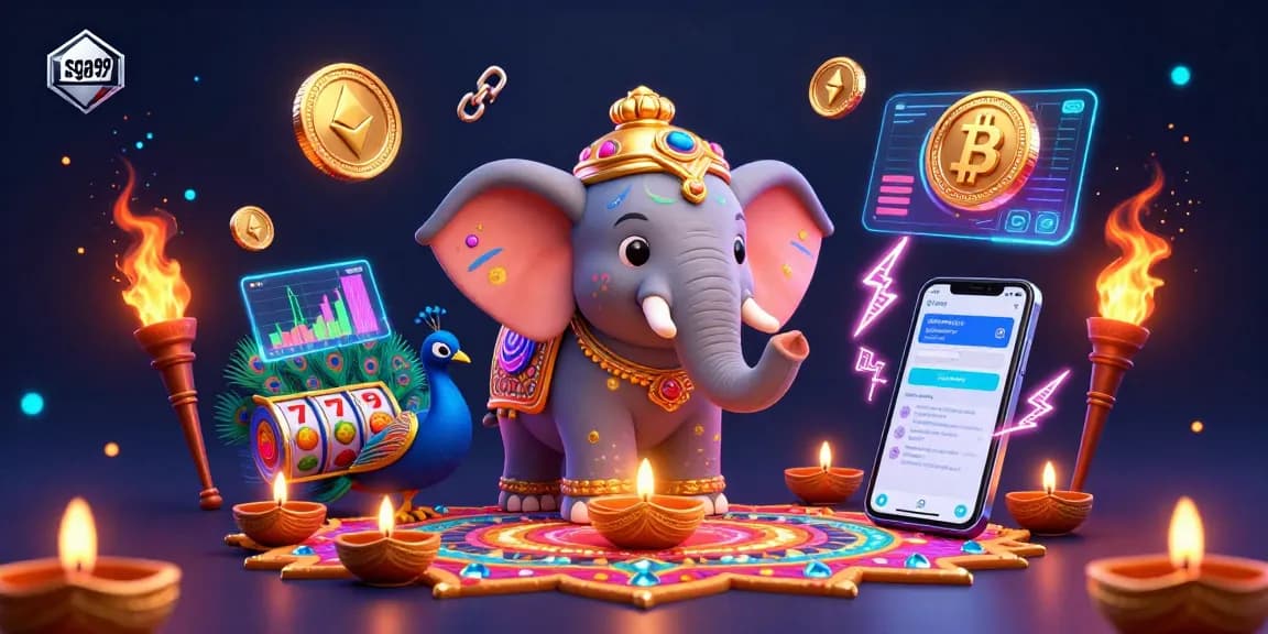 Experience exciting gaming with sga99's vibrant elephant and crypto-themed illustration.