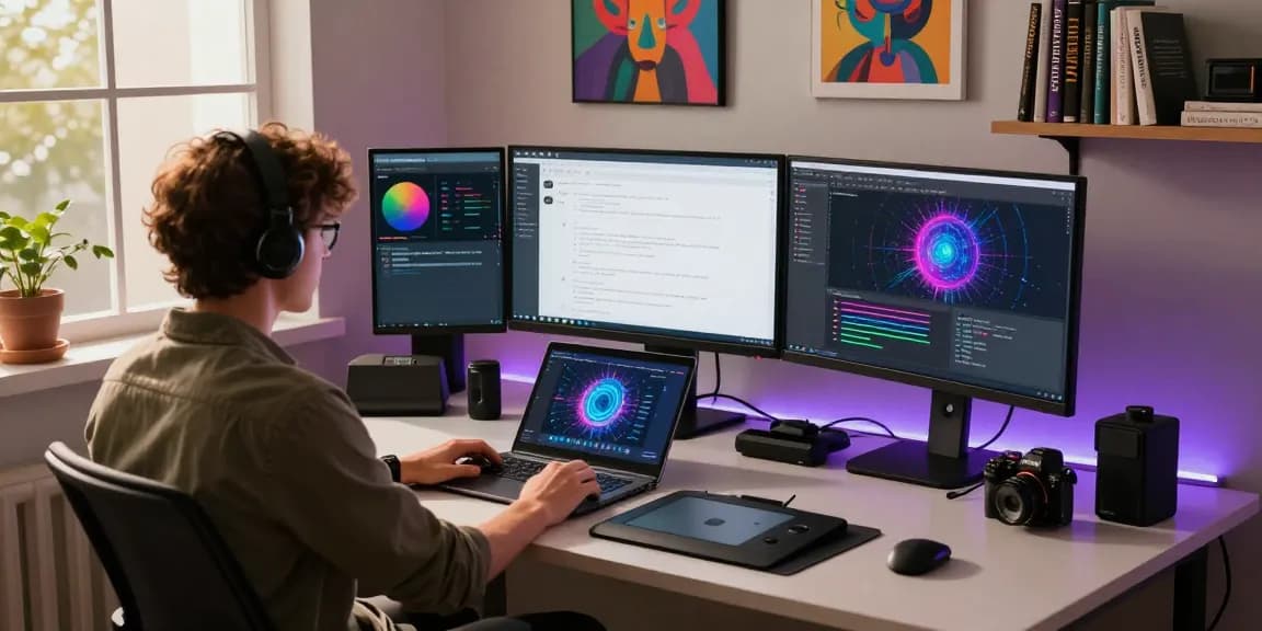 Engaging workspace for NSFW AI content creation, showcasing advanced tech and creative atmosphere.