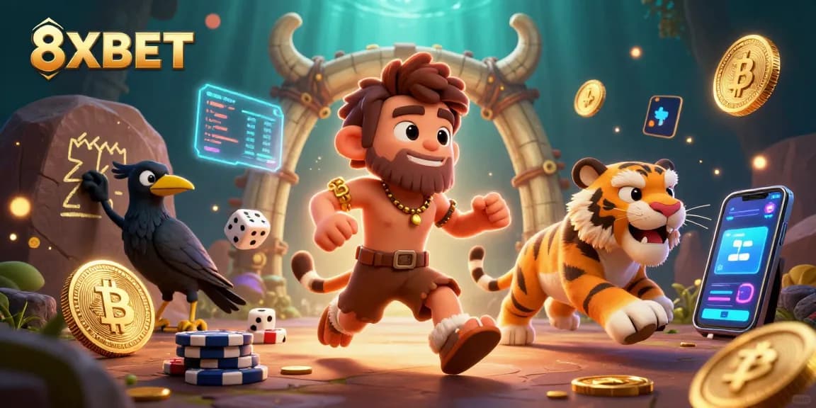 Experience thrilling gameplay at 8XBET with a captivating prehistoric casino scene filled with vibrant crypto elements.