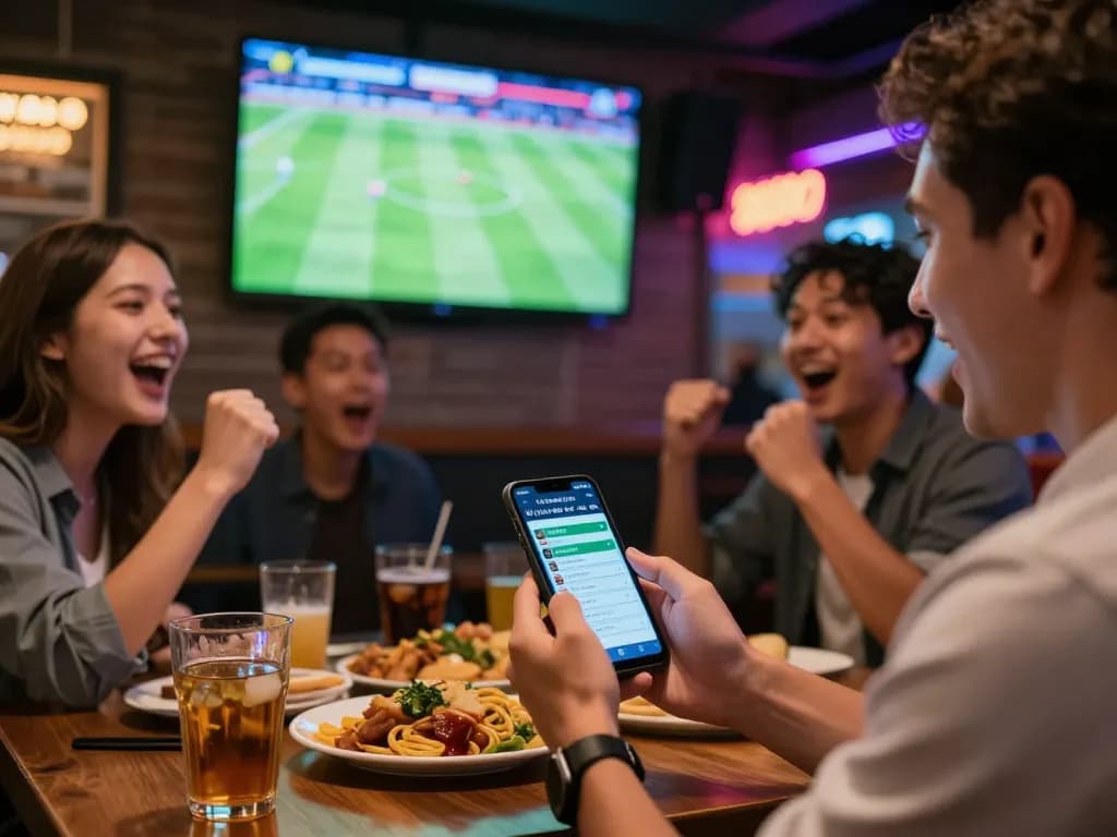 Placing bets on real-time tỷ lệ kèo bóng đá trực tuyến while enjoying a football match.