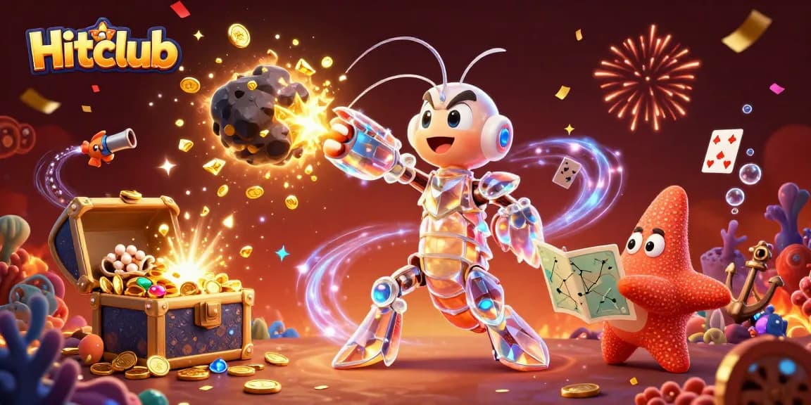 Hitclub's galactic samurai mantis shrimp wins big with gems and coins in a vibrant casino scene.