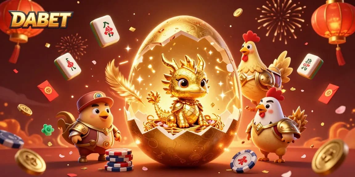DABET players enjoy a thrilling experience with a golden dragon and poker chips in a vibrant casino atmosphere.