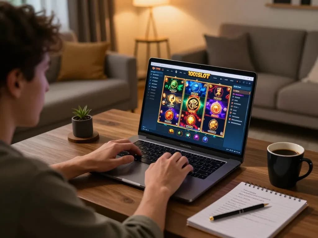 Player enjoying an online gaming session at 1001SLOT with a cozy setup and strategy notes.