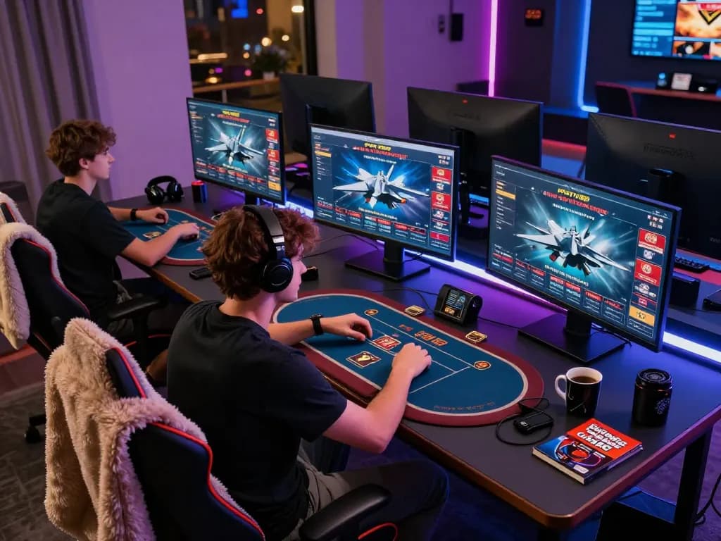 Player engaging in F168 online casino gaming on multiple screens, showcasing poker and slots in a cozy setup.