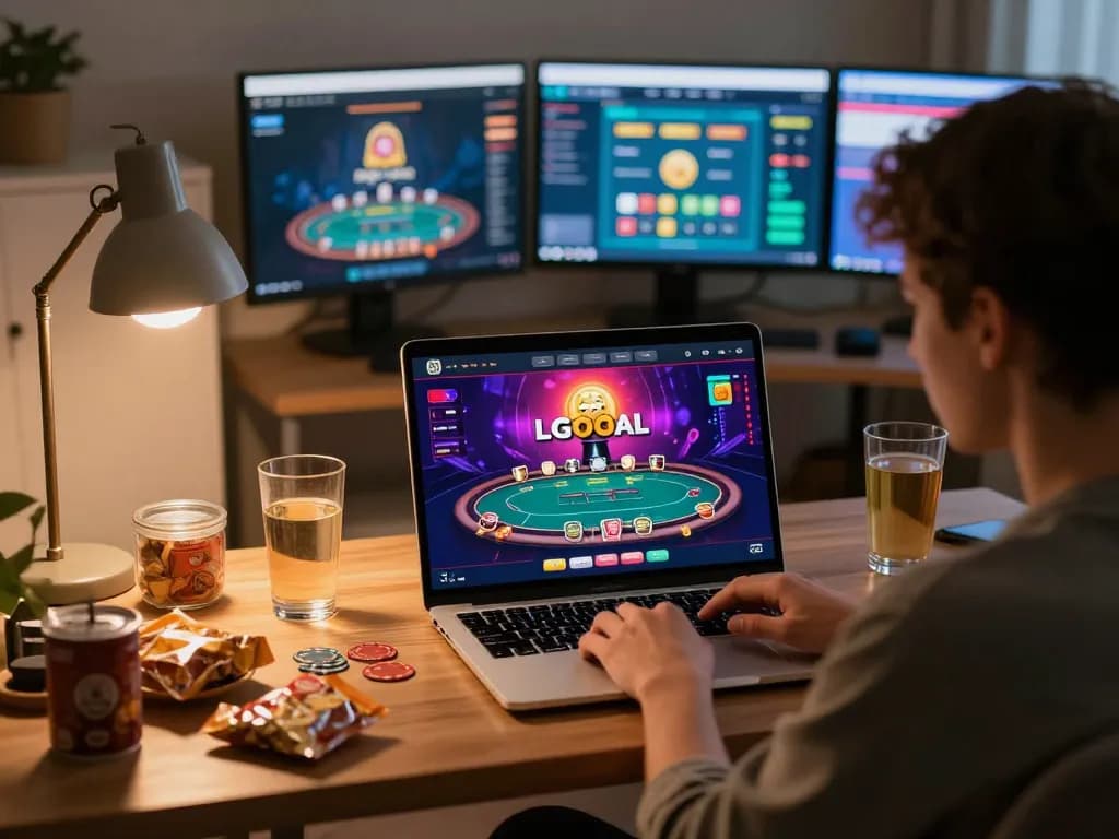 Engaging in LGOGOAL poker gameplay on a modern laptop in a cozy home office setting.