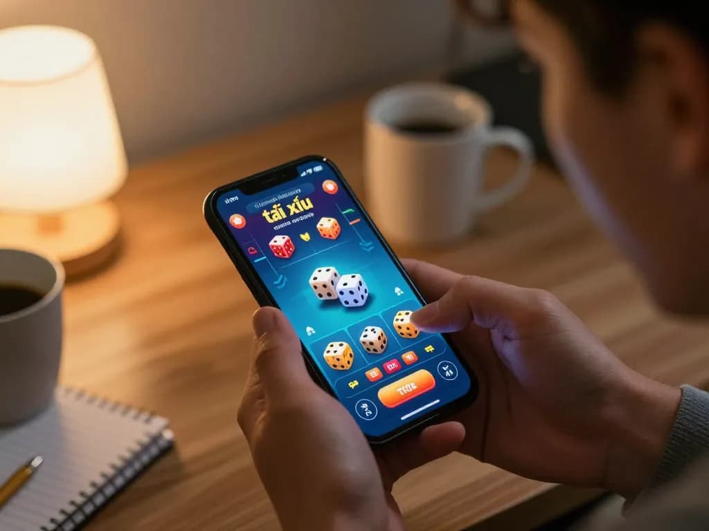 Engaging with app tài xỉu online on smartphone in a cozy home setting, showcasing vibrant game interface.