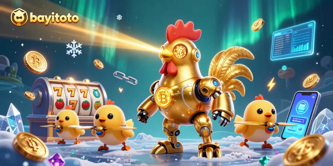 Engage in thrilling bayitoto gaming with a golden rooster robot amid slot reels and crypto coins.