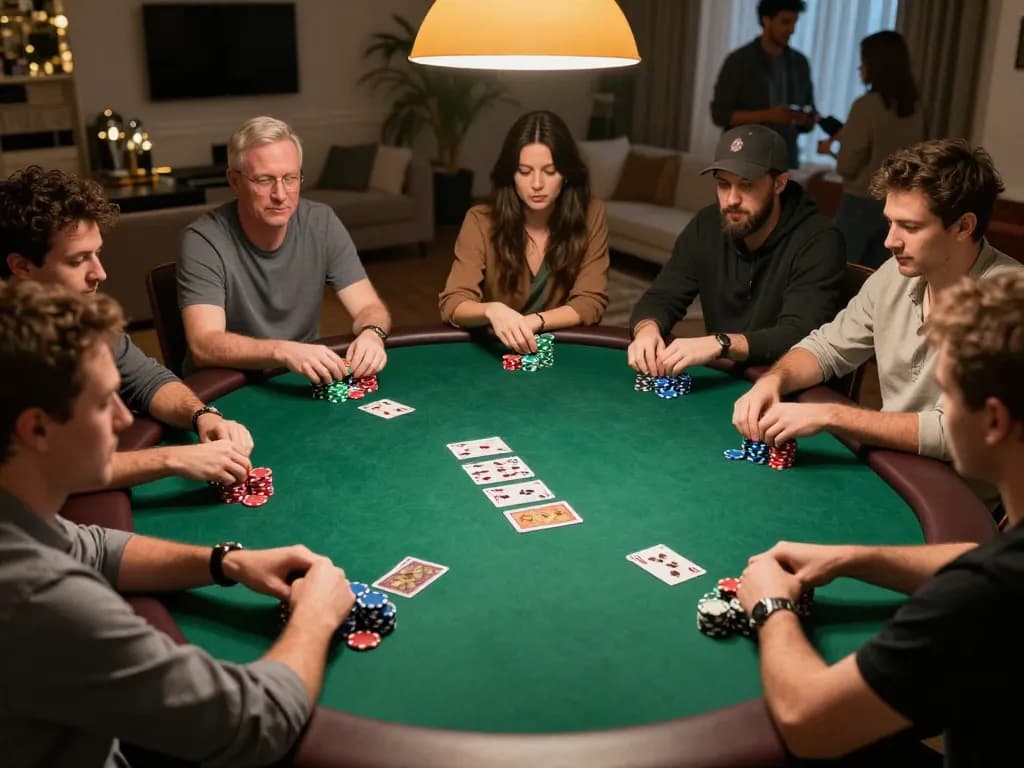 Experience the thrill of poker at home with kp88, showcasing players engaged in a tense game.