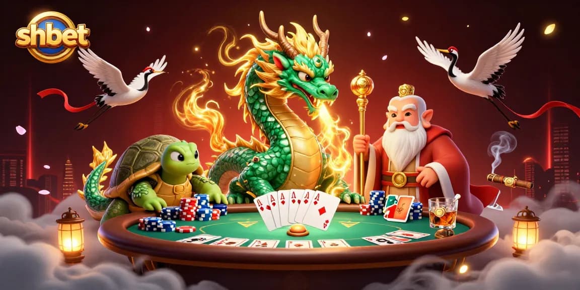 Engage with SHBET as the emerald jade dragon ignites golden fire at a lively poker scene.