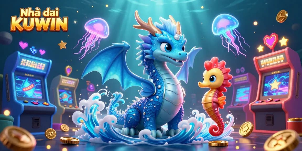Experience the thrill with Nhà cái KUWIN, featuring a vivid underwater scene of animated characters and gaming elements.