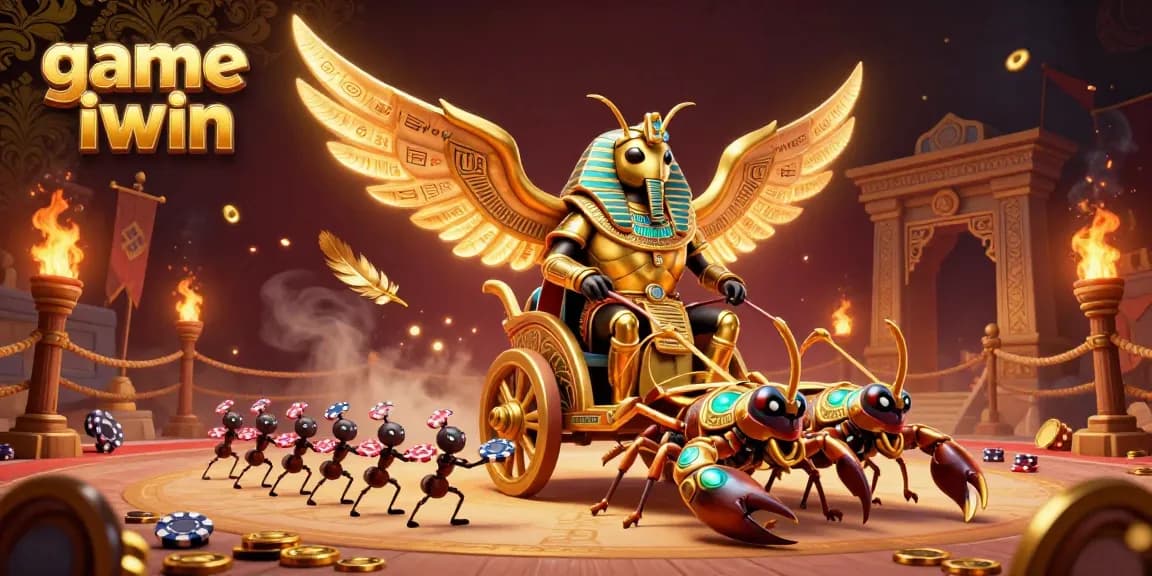 Engage with game iwin through a vibrant scene featuring a colossal golden scarab in an epic gambling arena.