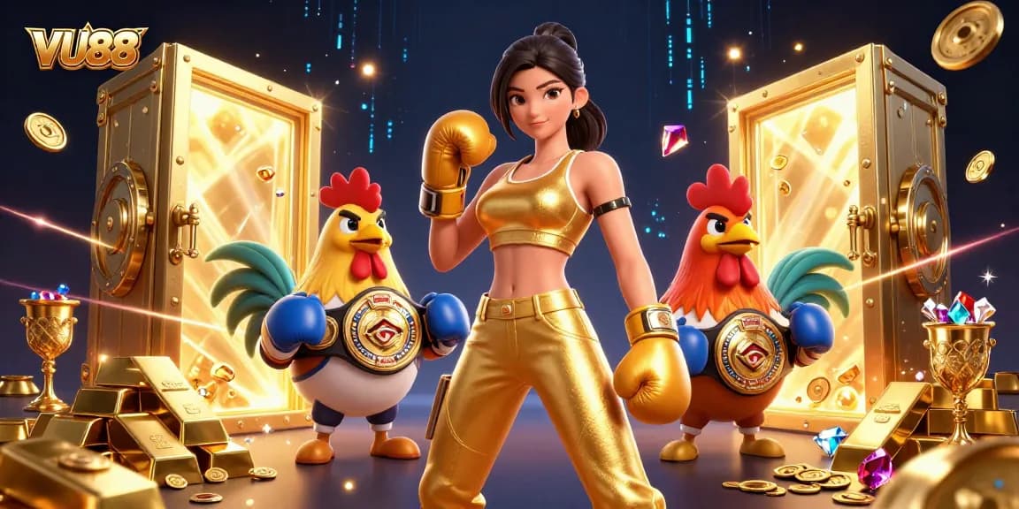 Play and win at VU88 with an exciting casino illustration featuring dynamic characters and treasures.