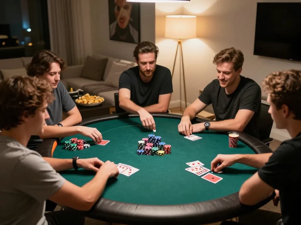 Players enjoying thrilling poker games at home, elevating the V888 gaming experience with strategic gameplay