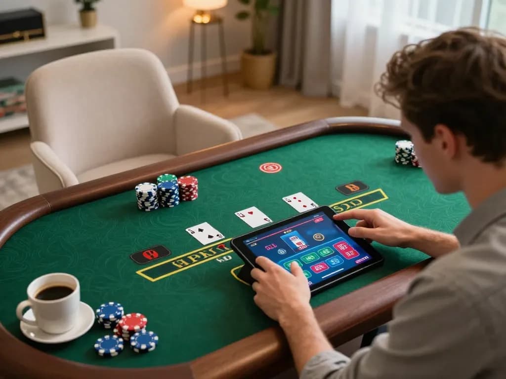 Player engaging in a live dealer blackjack game on a tablet, showcasing Sunwin features.