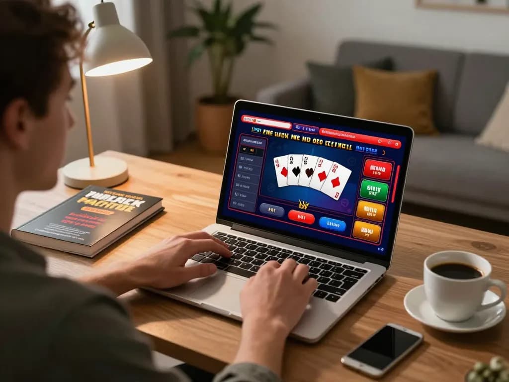 Engaging online gaming at LC88 with vibrant casino interface and player at home.
