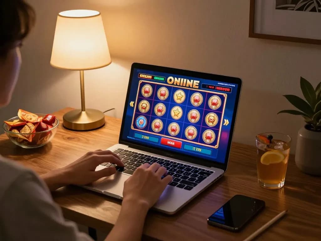 SLOT99 player engages with online slots on laptop, showcasing vibrant interface and cozy gaming environment.