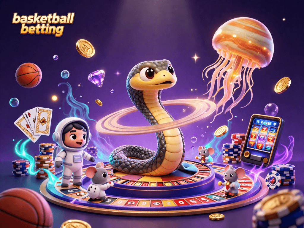 Basketball betting with animated characters, cosmic dealer, and vibrant casino elements.