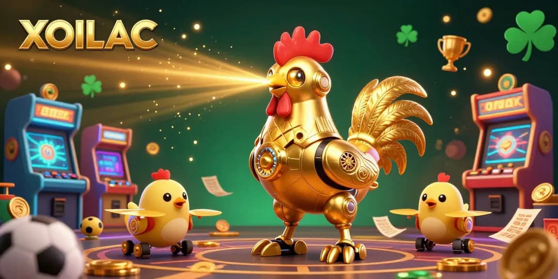 Bet on sports with XOILAC, where golden rooster robot beams brilliance amidst vibrant betting visuals.