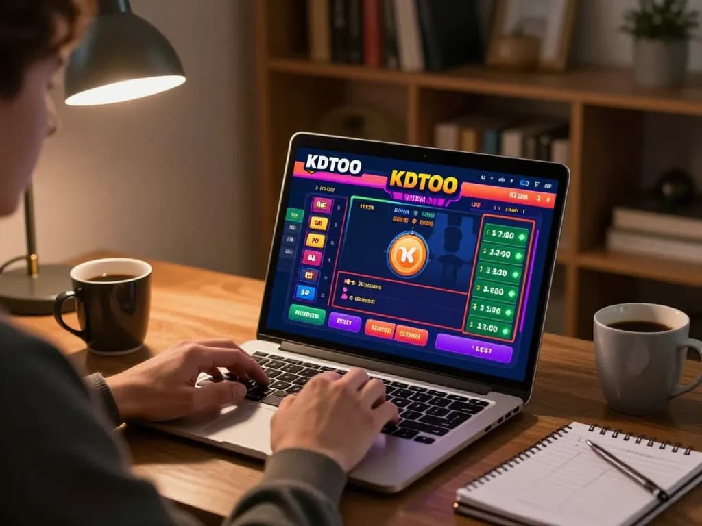Player enjoying KDTOTO online gaming on a laptop with vibrant interface and strategy notes.