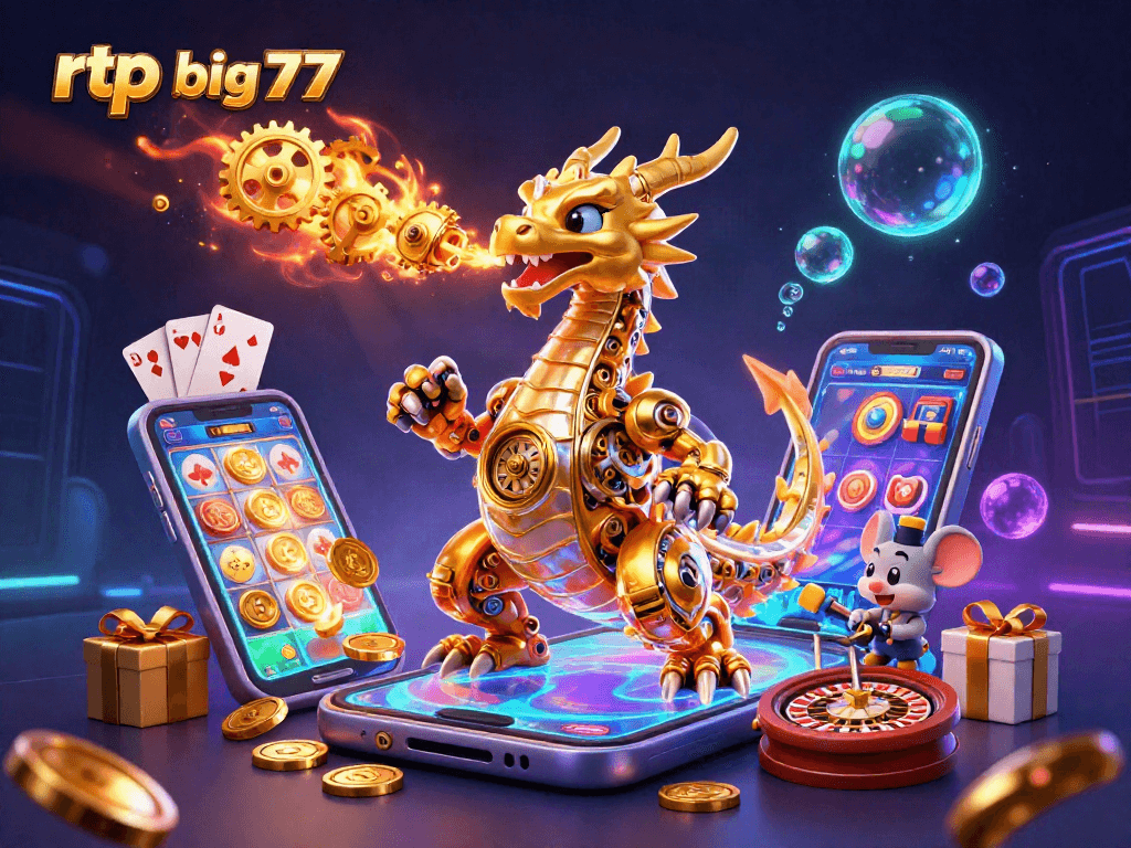 Bermain rtp big777 dengan naga emas dan berbagai elemen kasino 3D yang dinamis.