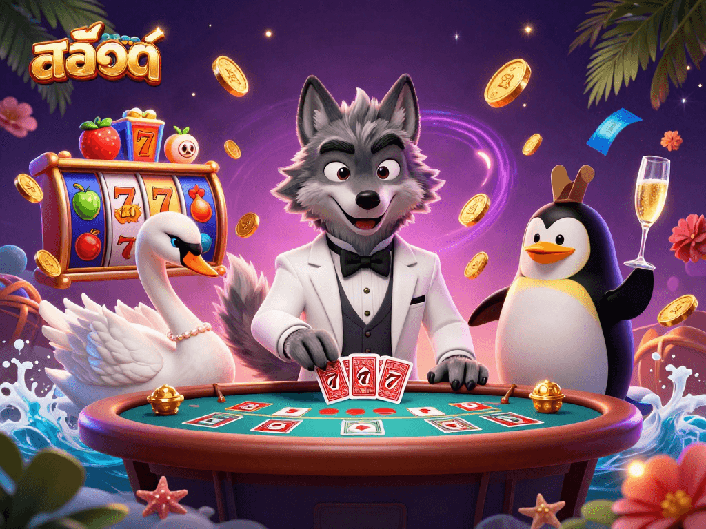 Experience สล็อต excitement with a debonair wolf at a baccarat table and vibrant slot symbols