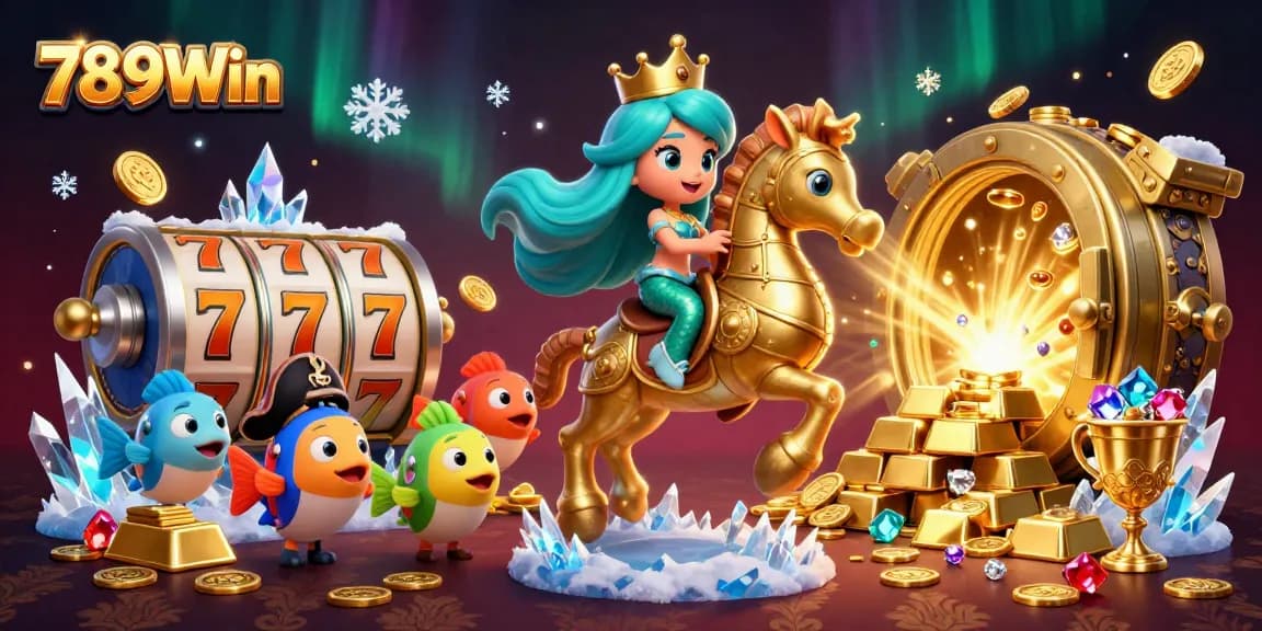 Experience 789Win's vibrant casino scene with a mermaid riding a seahorse amidst treasures and slot elements.