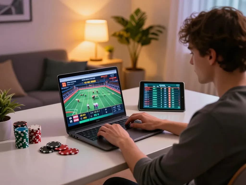 Luck8 poker gameplay on a laptop in a cozy home office setting, emphasizing strategic engagement.