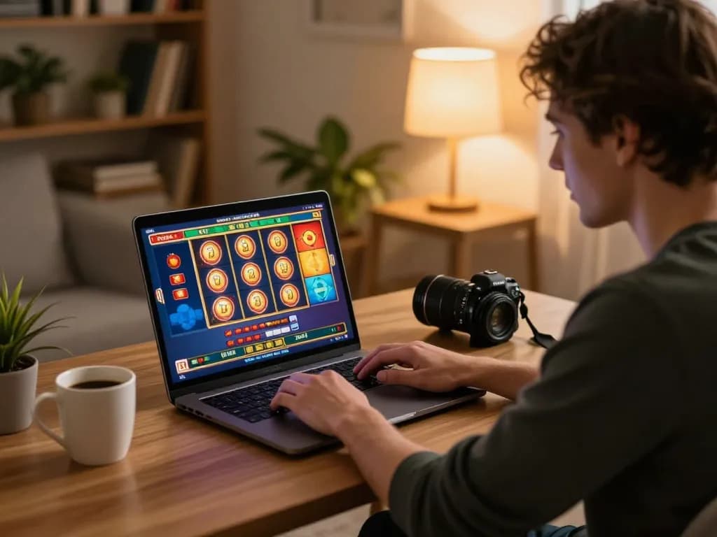 Player enjoying bk8 online casino game on laptop in cozy home setting.