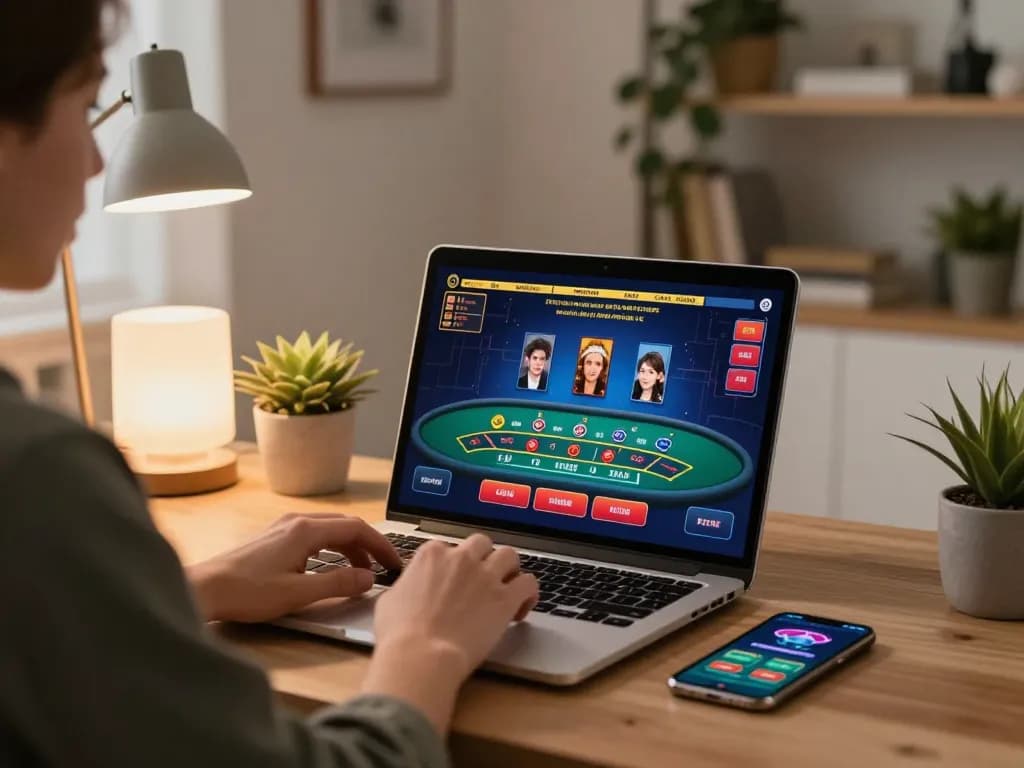 Playing blackjack online at TT88 in a cozy home office with laptop and smartphone.