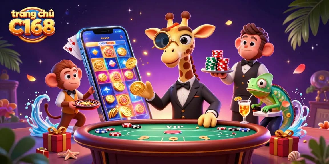 Play and win at trang chủ C168, featuring a high-roller giraffe and engaging casino elements.