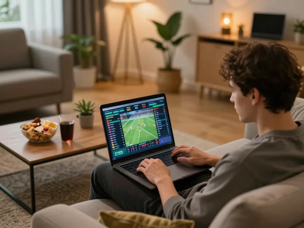 Engaged player at home using lu88. com for online sports betting with vibrant odds displayed.