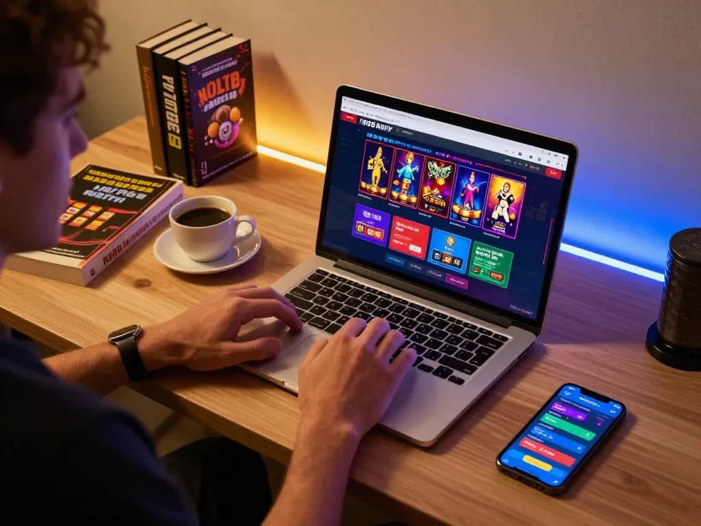 Playing on RR88 NAVY online platform with laptop and smartphone in a cozy setup