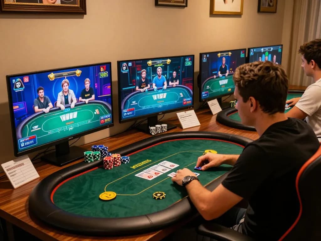 Engaged player strategizing while using indopride88 link alternatif during an online poker session.
