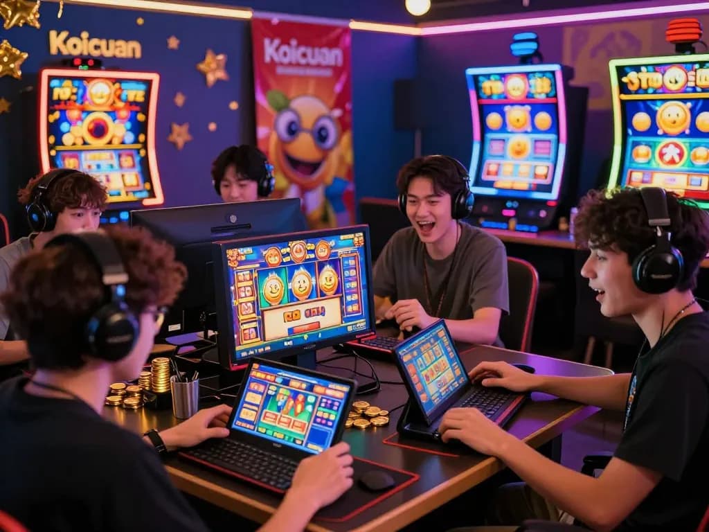 Pemain yang bersemangat menikmati permainan slot Koicuan dalam lingkungan permainan yang cerah dengan layar berwarna-warni.