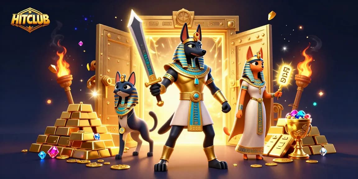 HITCLUB showcases a vibrant casino scene with Anubis and Bastet amidst riches and gaming excitement.