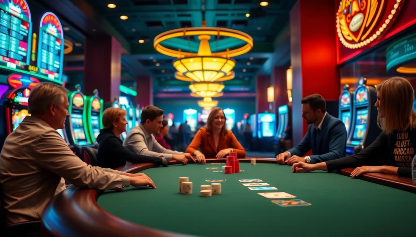 Permainan poker di kasino xgslot88 dengan pemain bersemangat dan atmosfer yang ceria.