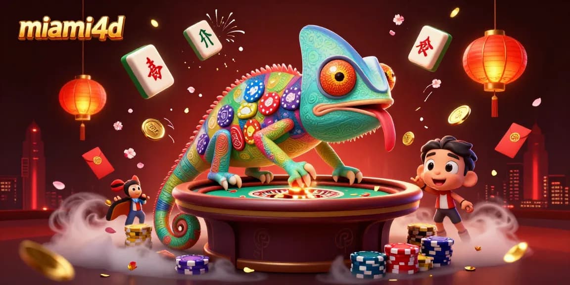 Experience the thrill of miami4d with vibrant casino elements and an energetic chameleon owner.