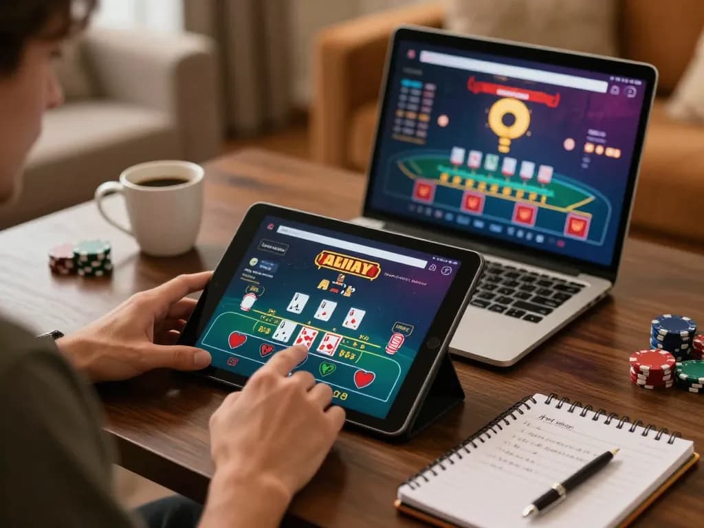 Engaging online blackjack gameplay on rik vip with player interacting on tablet surrounded by personal strategy notes.