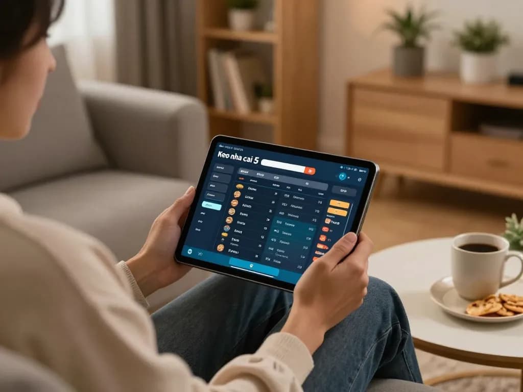Engaging in sports betting on Keo nha cai 5 using a tablet in a cozy home setting.