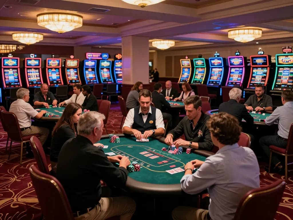 Players at multiple poker tables enjoying strategic gameplay at mantra88 casino, illuminated by elegant chandeliers.
