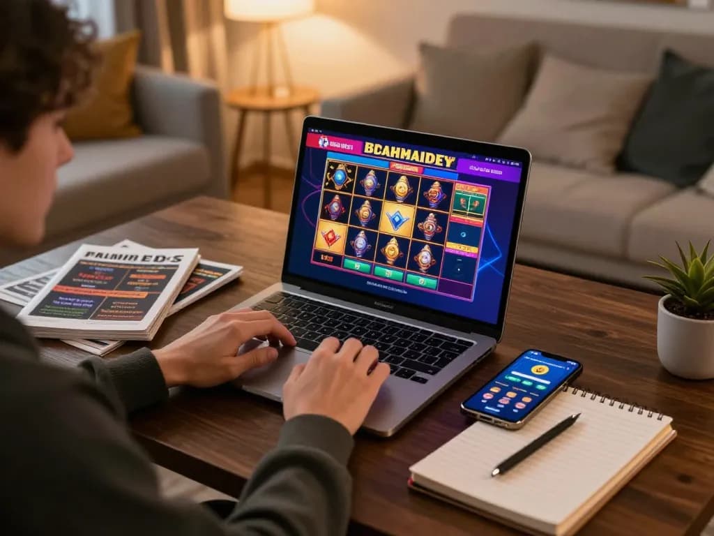 Engaging online player enjoying situs slot gaming on a laptop with strategy notes around.
