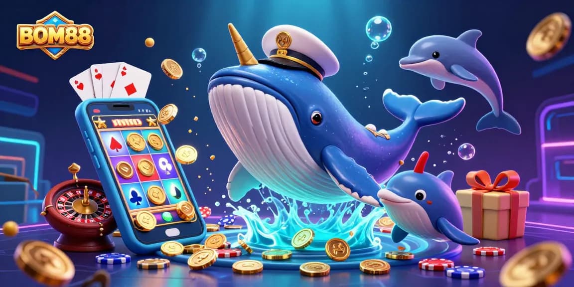 BOM88 whale mascot dives through coins, showcasing vibrant casino gaming elements.
