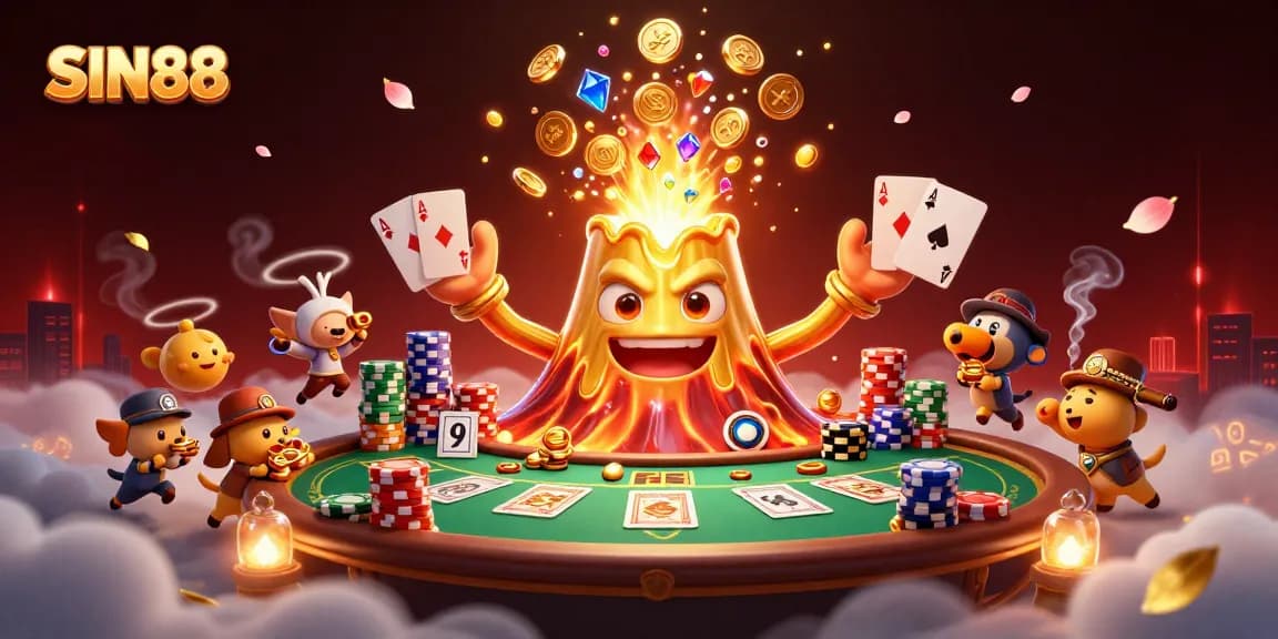 SIN88 showcases an erupting golden volcano spilling treasures while animals flee, amidst poker gaming elements.