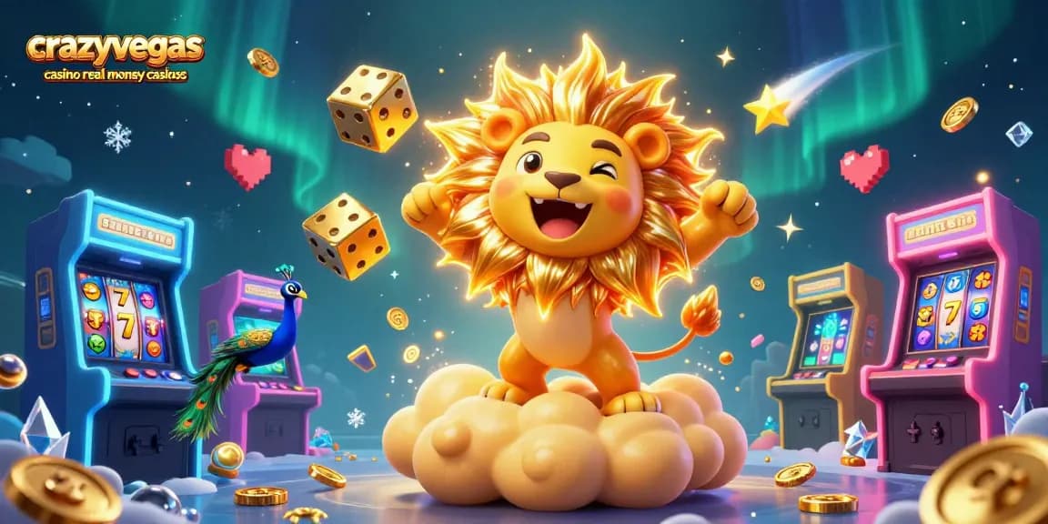Crazyvegas casino real money casinos showcase players winning big amid vibrant slot motifs and energetic 3D elements.
