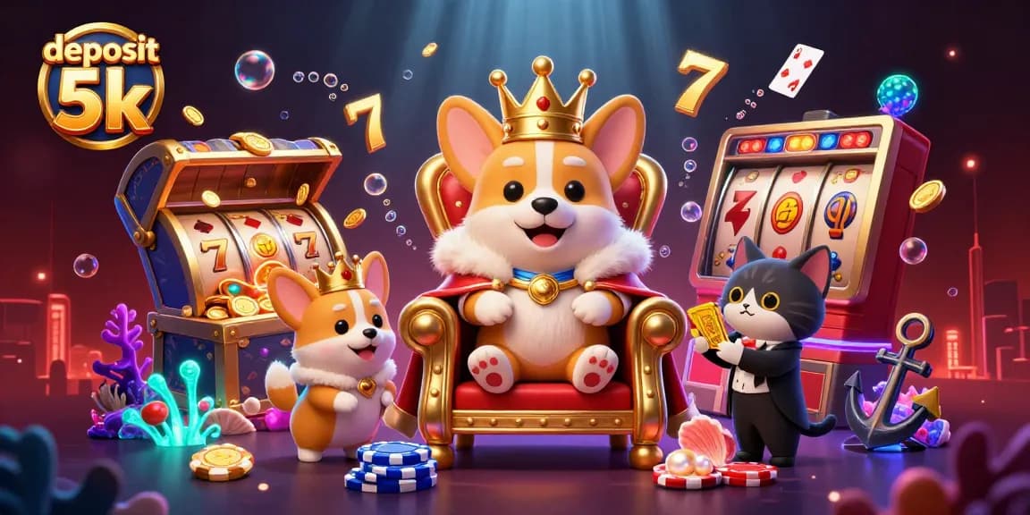 Spin for success with deposit 5k, featuring royal corgi over jackpot slots.
