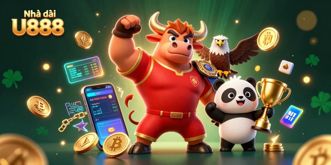 Engaging scene showcasing Nhà cái U888 with a muscular bull mascot, bald eagle, and panda, celebrating gaming wins.